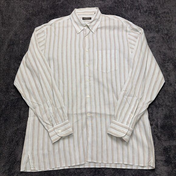Canali Mens XXL 2XL Striped White LINEN Long Sleeve Button Down Dress Shirt - Picture 1 of 11